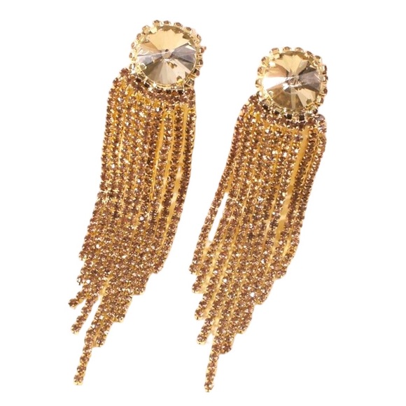 Gold Earrings Tassel Fringe Statement Rhinestone Crystal Dangle Drop Earrings - Picture 1 of 2